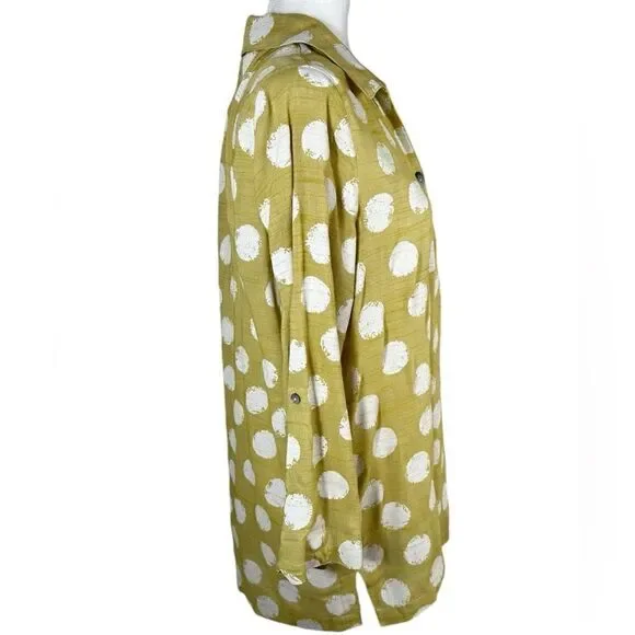 Lior Paris Funky Chartreuse Green Polka Dot Roll Tab 3/4 Sleeve Button Front Top - Picture 4 of 8